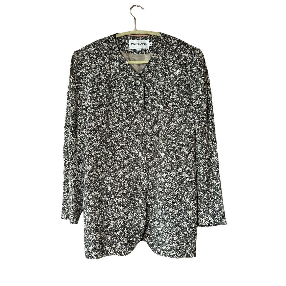 jh collectibles women button down blazer union made cream black floral Sz 8